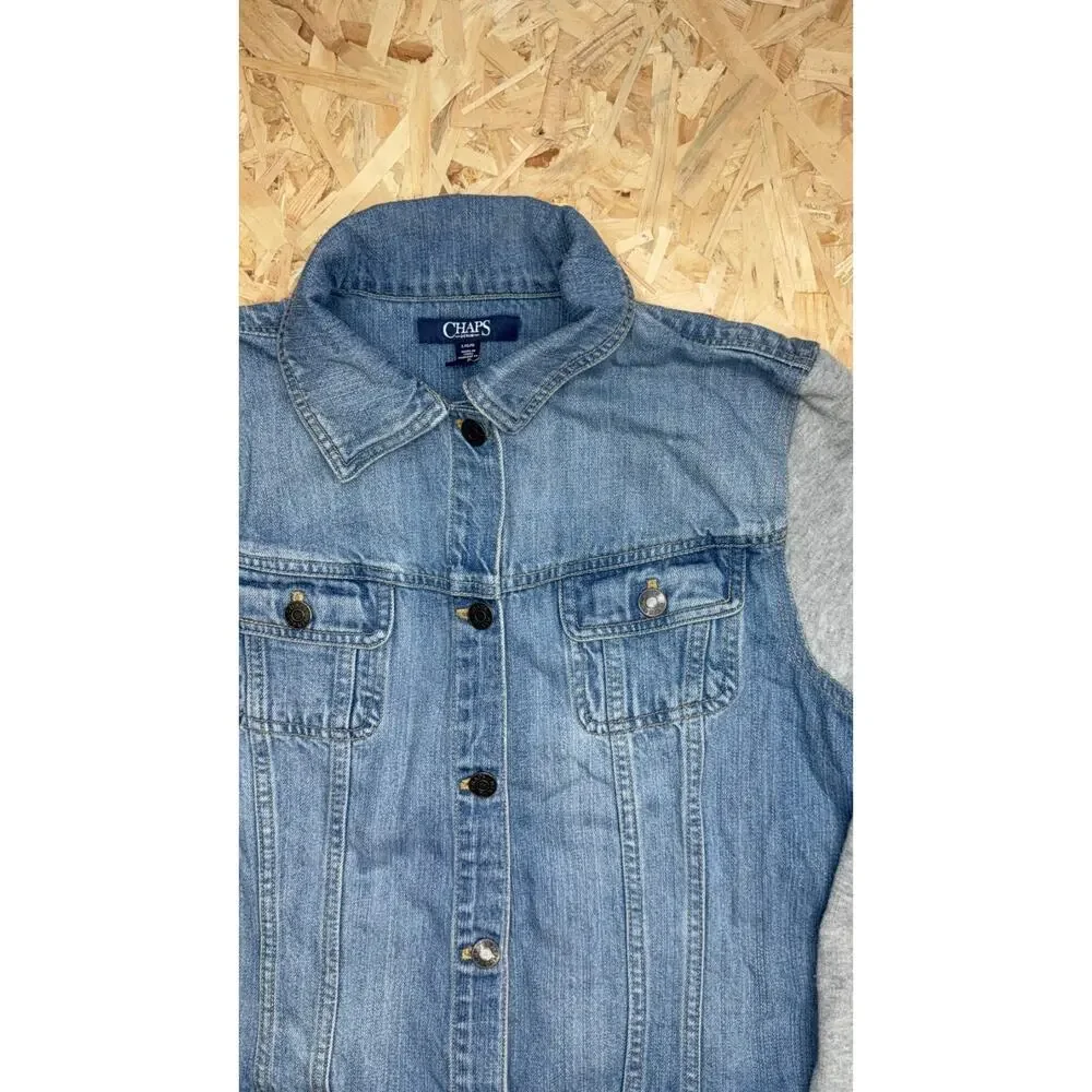CHAPS Women's Light Wash Denim & Jersey Knit Sleeve Jacket Sz L - Picture 3 of 5